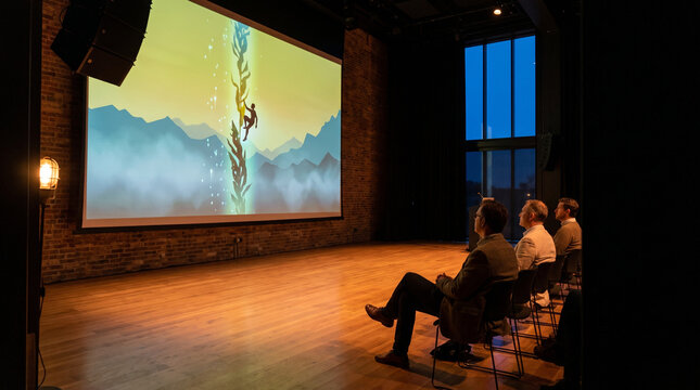 Audience watching animated presentation on large screen in modern theater  