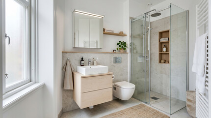 Fototapeta premium Contemporary Bright Bathroom Interior Design Featuring Glass Walk-in Shower, Wall-hung Toilet, and Light Wood Cabinetry