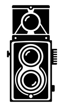 Minimalist graphic of a vintage twin-lens reflex camera with open viewing hood in black and white flat design photography hobby concept