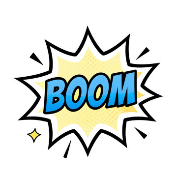 Comic book style explosion graphic with the word boom in blue letters