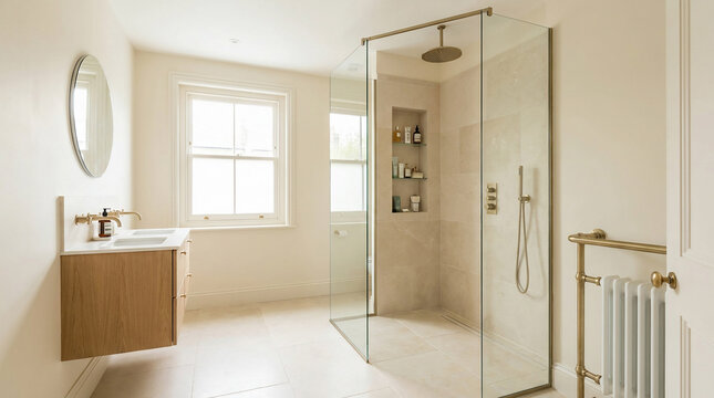 Elegant modern bathroom with a glass-enclosed shower, wooden vanity, and a large window letting in natural light