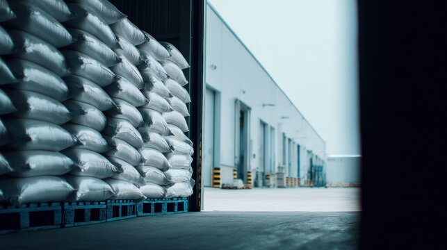 Stacked white industrial sacks sit on blue pallets inside a large logistics warehouse loading bay