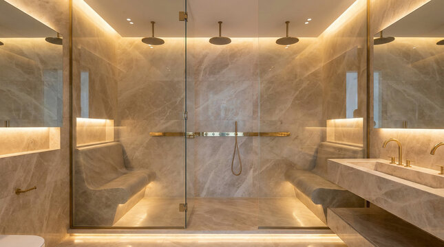 Elegant Modern Bathroom Interior Featuring Luxurious White Marble Walls, Gold Shower Fixtures, and Soft Ambient Lighting