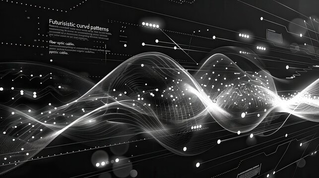 Abstract futuristic wave pattern flows across a digital technological background with glowing dots and data elements.