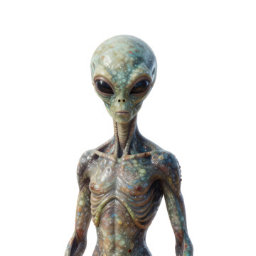 Detailed portrait of a fictional alien with large dark eyes and patterned skin
