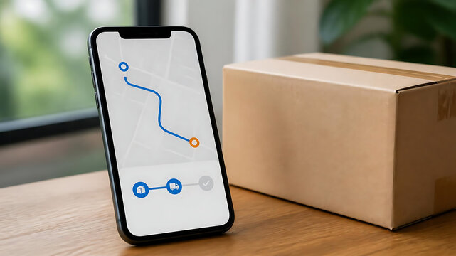 Phone displaying a delivery tracking map next to a parcel on a wooden table