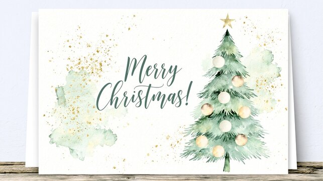 Green watercolor Christmas tree decorated with gold ornaments and seasonal glitter for holidays