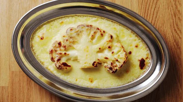 Oven glove moves hot cauliflower dish on table. Kitchen safety prevents burns from metal plates, pans and bakeware. Kitchen safety protects hands around casseroles, roasting trays, skillets or ovens.