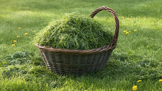 Freshly cut grass piled inside a woven basket placed on a lush green lawn during the day