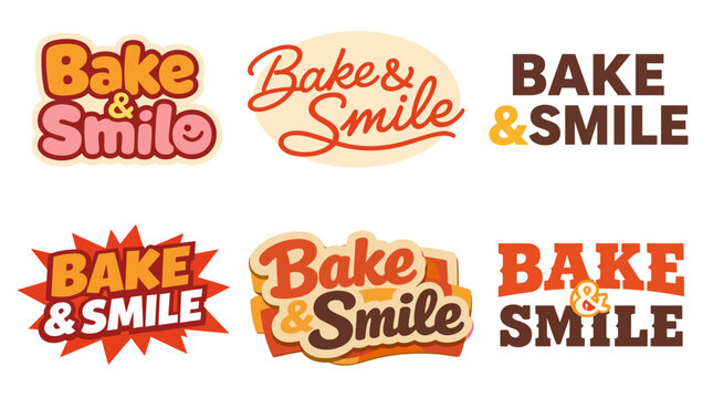 A delightful array of six playful and colorful logo designs for Bake & Smile, encapsulating the joy and creativity of baking with inviting, fun styles and vibrant colors.