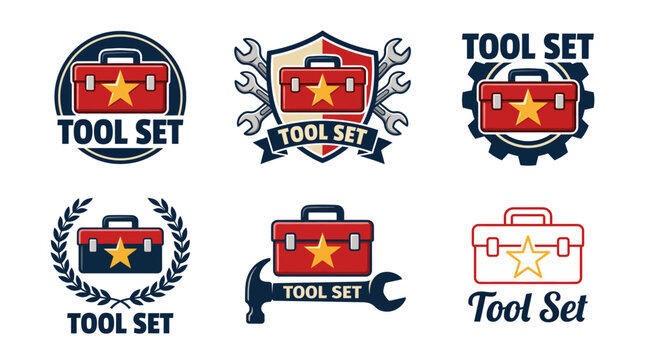 This collection showcases various creative logos featuring tool sets, highlighting themes of construction, repair, and craftsmanship with vibrant colors and symbols.