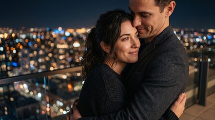 Fototapeta premium A couple embraces romantically on a rooftop overlooking a cityscape at night, their faces filled with tender affection.