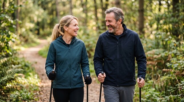 A smiling couple enjoys a healthy Nordic walk through a sun-dappled forest path, their poles propelling them forward amidst the tranquil greenery.