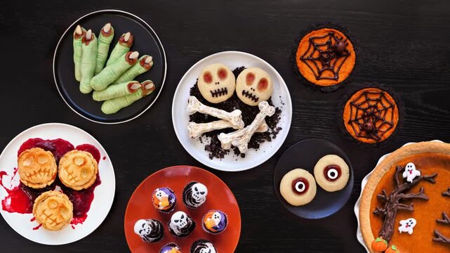 Fun Halloween dessert table scene over a black wood background. Stop motion animation table placement. Top down view. Assortment of cookies, cupcakes and pumpkin and apple tarts and pies.
