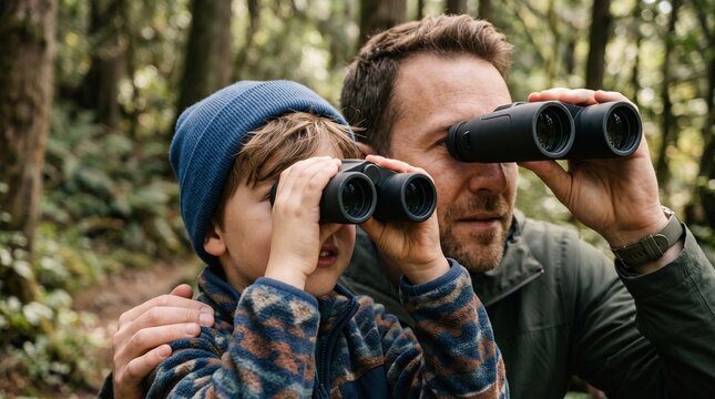 A father and son explore a lush forest, both peering through binoculars, sharing a moment of discovery and connection amidst nature's embrace.