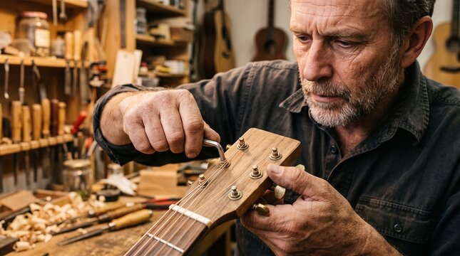 An artisan luthier meticulously crafts a guitar in his workshop, surrounded by tools and wood shavings, embodying dedication and skilled craftsmanship.
