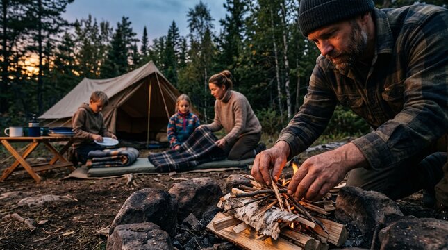 A family enjoys a serene camping trip in a forest clearing, with a tent set up and a father tending to a crackling campfire as the evening light filters through the trees.