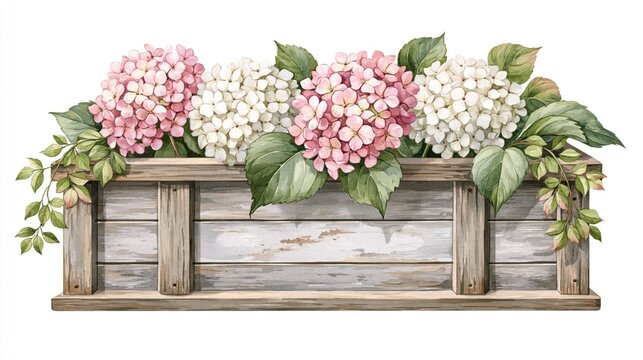 Pink and white hydrangea blossoms fill a wooden window box for a garden spring display