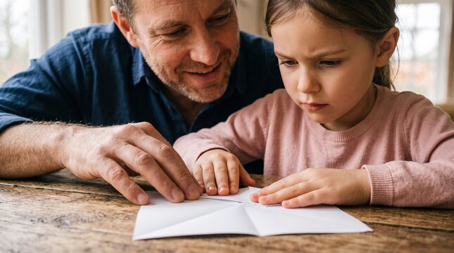 A father patiently guides his daughter in the art of origami, their hands working together on a delicate paper creation, showcasing a heartwarming moment of shared learning and connection.
