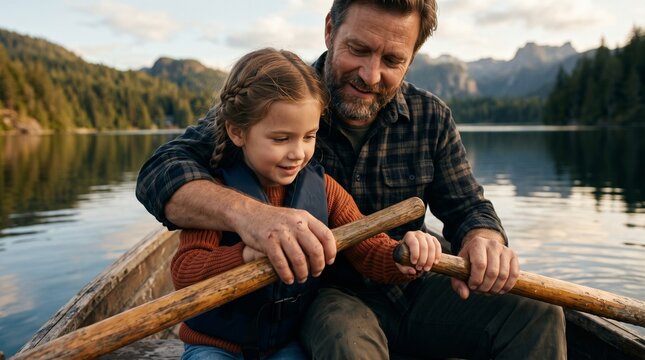 A father and daughter rowing a wooden boat on a tranquil lake surrounded by majestic mountains and pine forests, sharing a moment of quality time and adventure.