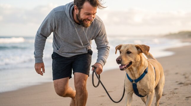 A man with a beard walks his dog on a sandy beach during sunset. The man is wearing a grey hoodie and dark shorts, and the dog is wearing a blue harness. The sea is in the background.