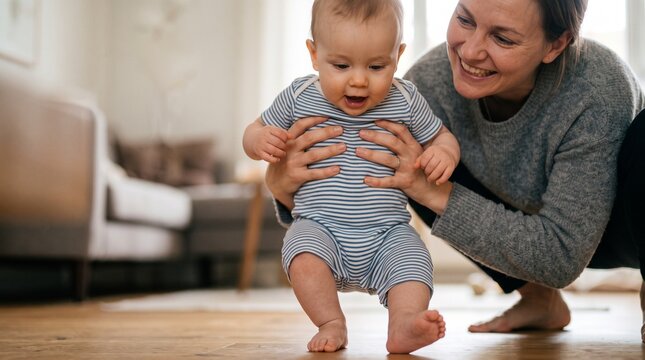 A mother lovingly supports her baby as it takes its first wobbly steps indoors, illuminated by soft ambient light. This heartwarming scene captures a precious milestone in a child's development.