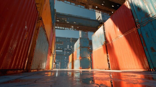 Colorful shipping containers stacked high at a futuristic cargo terminal during the day
