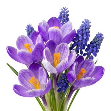 Beautiful bouquet of purple crocus and blue muscari spring flowers