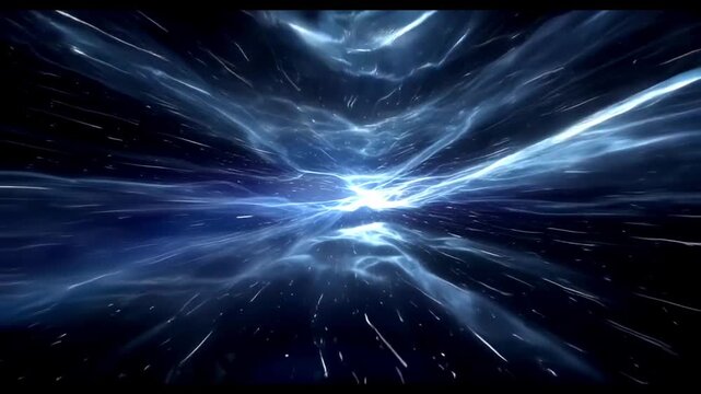 Ethereal blue and white light filaments drifting through a dark cosmic environment, creating a futuristic abstract visualization of traveling through interstellar space.