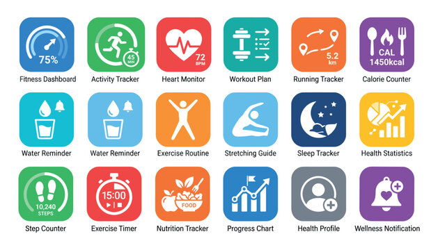 Fitness and Health Tracker Icons with Progress Charts and Notifications on White Background Vector