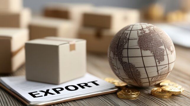 Miniature globe beside export boxes and coins showing logistics manager planning international shipment with packing labels, customs paperwork, warm studio light, emphasis on trade finance and global