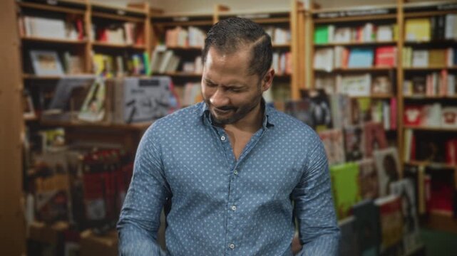 Man with hands to temples beside bookshelves in bookstore building, eyes closed and shifting expressions; frustration reflection.