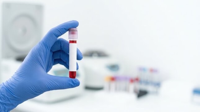 Gloved hand holding blood sample tube in laboratory