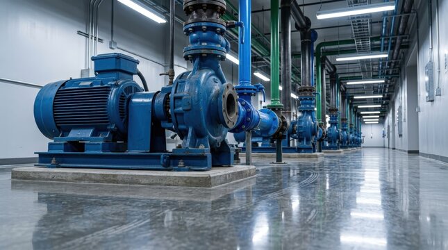 Large blue industrial pump in modern facility low angle view