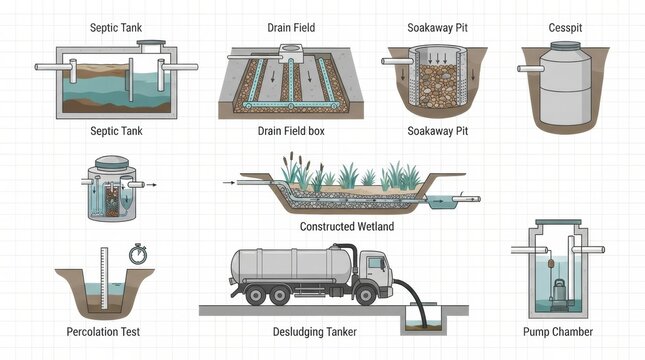 Illustrations show various components of a septic tank system used for residential wastewater management with detailed icons and drawings.