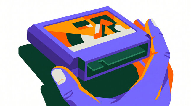 Hand holding a colorful video game cartridge for retro gaming  