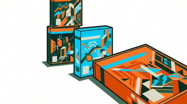 Video game box designs featuring geometric patterns and vibrant colors  