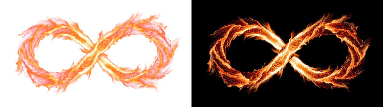 Molten lava infinity loop with branching incandescent veins and fire licks, burning effect cutout with real transparency