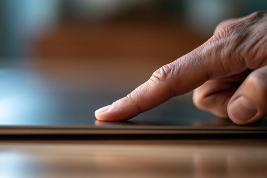 Hand touching sleek, reflective surface of modern laptop.