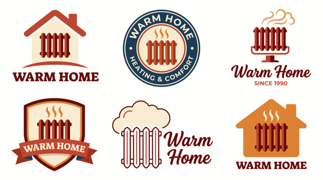 This set features various logos representing warmth and comfort, showcasing heating systems, appealing to homeowners looking for reliable home heating solutions since 1990.