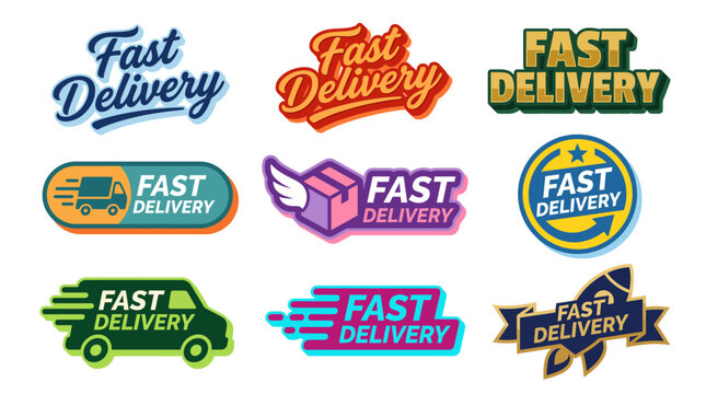A dynamic array of 'Fast Delivery' branding graphics featuring various styles that represent speed, efficiency, and modern logistics service appeal.