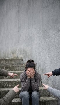 Distressed woman sitting on steps covering face while being accused by multiple people