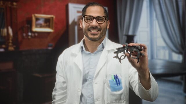 Man optometrist wearing glasses and white coat holds a trial frame with his right hand in an eye exam clinic, smiling toward camera; approachable confidence.