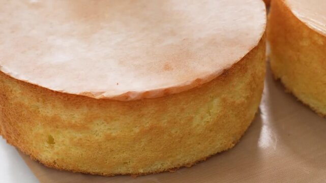 Close-up footage of a golden, freshly baked sponge cake layer being prepared on a baking sheet. The soft, airy texture of the cake serves as the perfect foundation for creating delicious fruit tarts, 