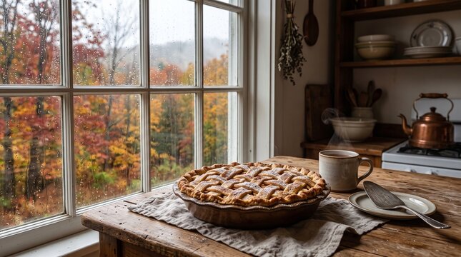 Freshly Baked Apple Pie on a Rustic Table by a Window Overlooking Autumn Trees