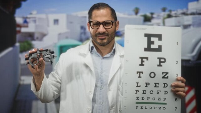 Man optometrist in lab coat holds phoropter trial frame and large eye chart in studio; trust care professionalism.