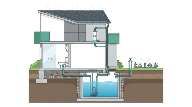 The layout of a septic tank and rainwater harvesting system for wastewater management in a house.