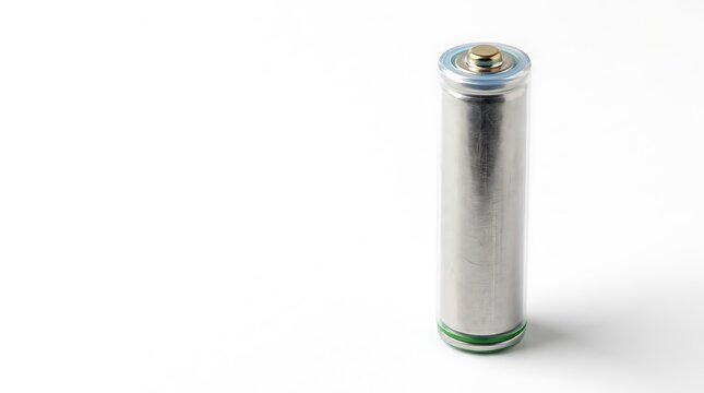 Single cylindrical rechargeable battery standing upright on a clean white background