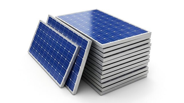 Stack of modern solar panels for renewable energy production on white background