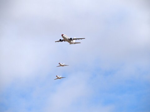 Torrejon de Ardoz, Spain - October 12, 2025: Spanish Air Force Airbus A310 T 22 2 flies in formation with two Dassault Falcon 900 government transports above Torrejon air base